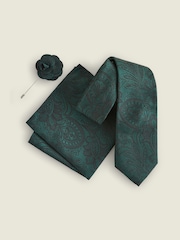 Forest Green Textured Paisley Tie, Pocket Square And Pin Set - Image 2 of 6