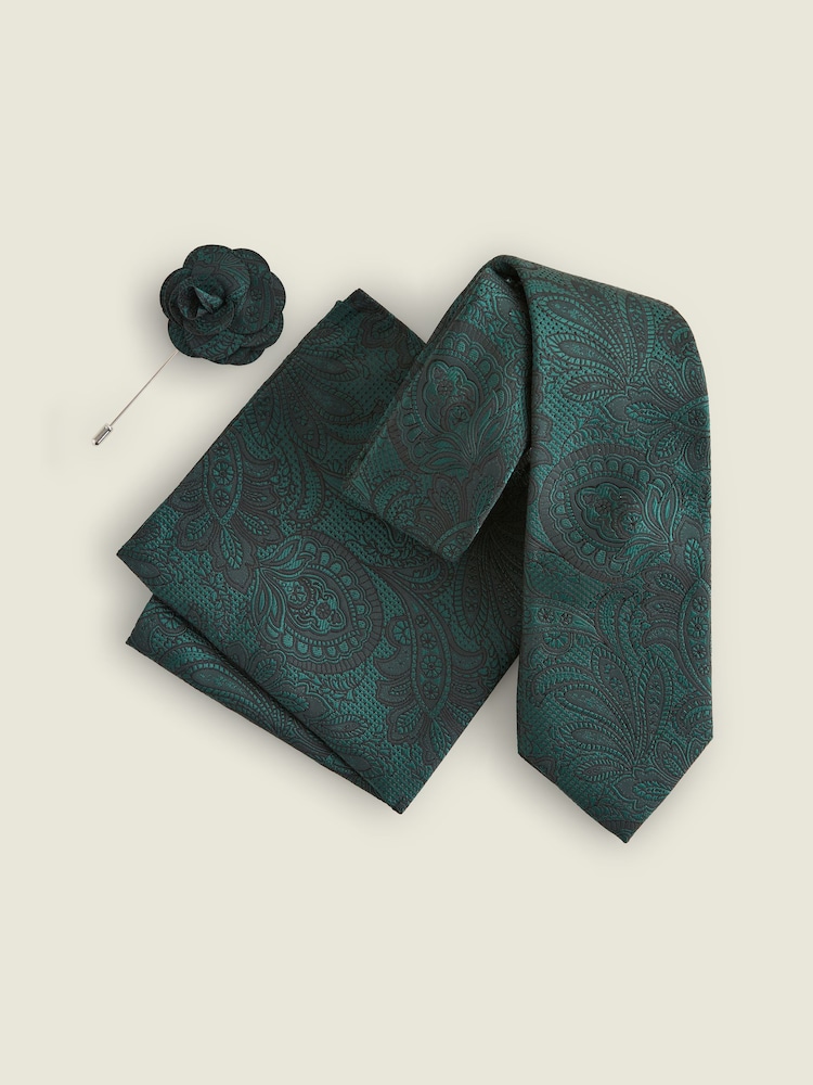 Forest Green Textured Paisley Tie, Pocket Square And Pin Set - Image 2 of 6