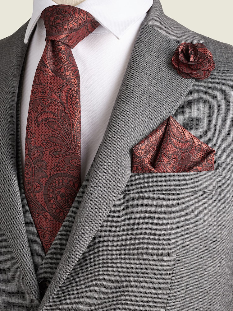 Rust Orange Textured Paisley Tie, Pocket Square And Pin Set - Image 1 of 7