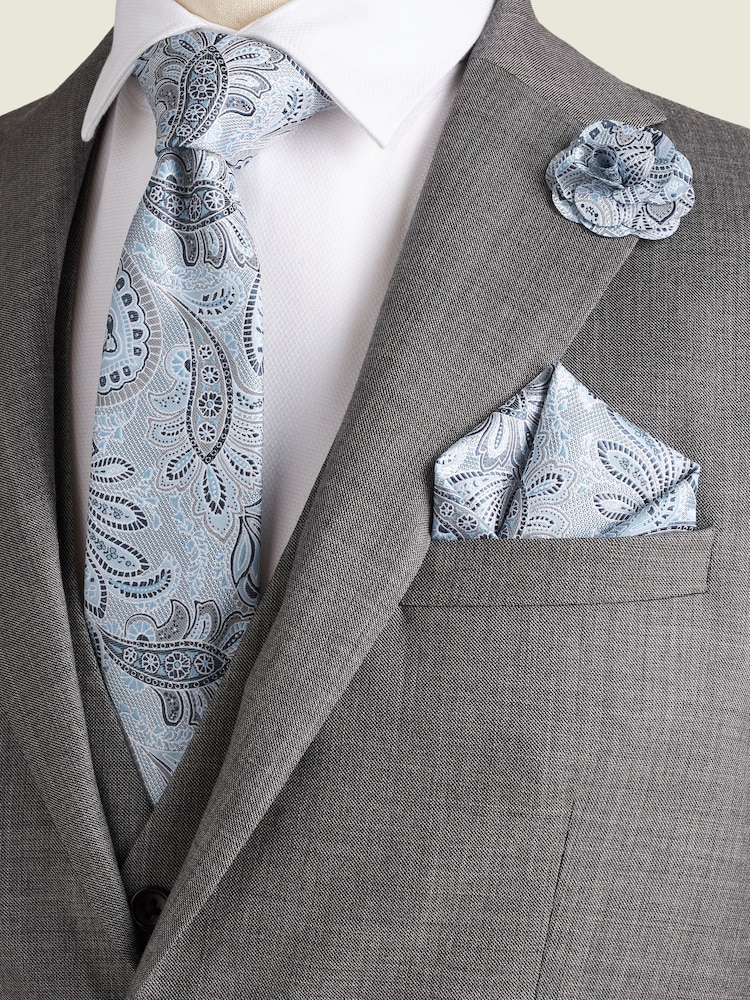 Light Blue Textured Paisley Tie, Pocket Square And Pin Set - Image 1 of 7