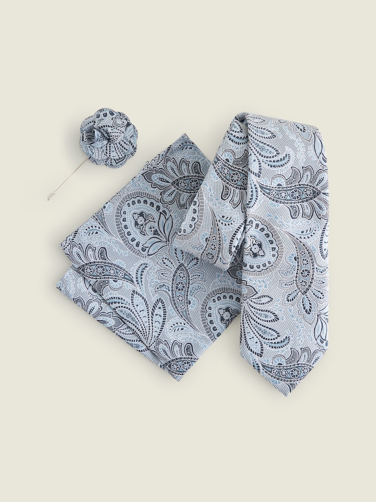 Hellblau - Strukturierte Paisley Krawatte, Einstecktuch und Anstecknadel Set - Bild 2 von 7 Hellblau - Strukturierte Paisley Krawatte, Einstecktuch und Anstecknadel Set - Bild 2 von 7