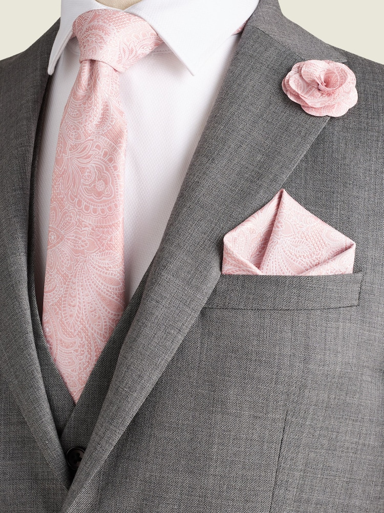 Light Pink Textured Paisley Tie, Pocket Square And Pin Set - Image 1 of 7