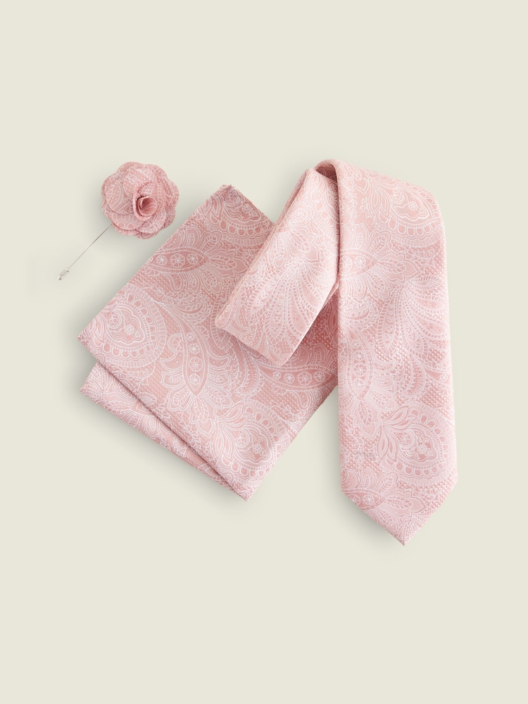 Light Pink Textured Paisley Tie, Pocket Square And Pin Set - Image 7 of 7