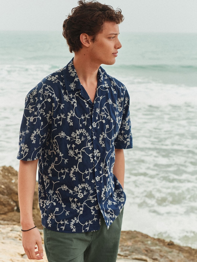 Navy Blue 100% Cotton Embroidered Texture Short Sleeve Shirt - Image 1 of 8