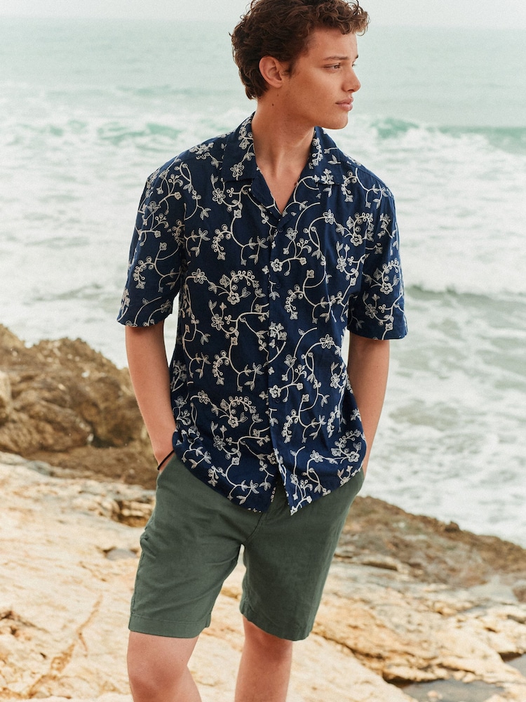 Navy Blue 100% Cotton Embroidered Texture Short Sleeve Shirt - Image 2 of 8