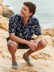 Navy Blue 100% Cotton Embroidered Texture Short Sleeve Shirt - Image 3 of 8
