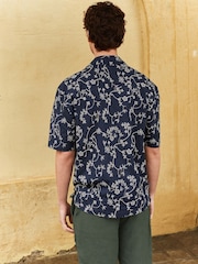 Navy Blue 100% Cotton Embroidered Texture Short Sleeve Shirt - Image 4 of 8
