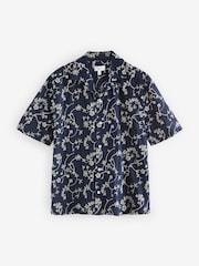 Navy Blue 100% Cotton Embroidered Texture Short Sleeve Shirt - Image 6 of 8