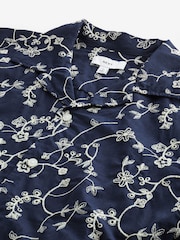 Navy Blue 100% Cotton Embroidered Texture Short Sleeve Shirt - Image 7 of 8