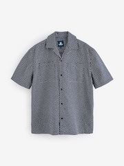 Navy/Blue/White Textured Short Sleeve 100% Cotton Shirt with Cuban Collar - Image 7 of 9