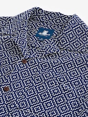 Navy/Blue/White Textured Short Sleeve 100% Cotton Shirt with Cuban Collar - Image 9 of 9