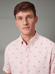 Pink Linen Blend Printed Short Sleeve Shirt - Image 1 of 8