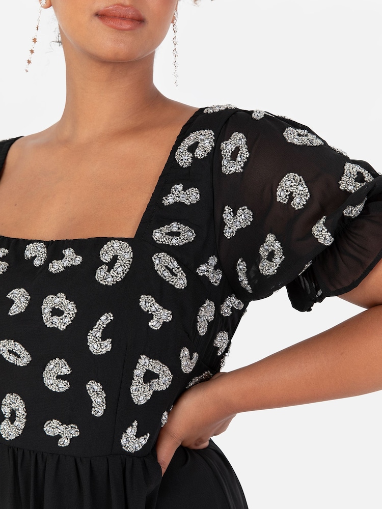 Lovedrobe Black Square Neck Animal Embellished Midaxi Dress - Image 7 of 7