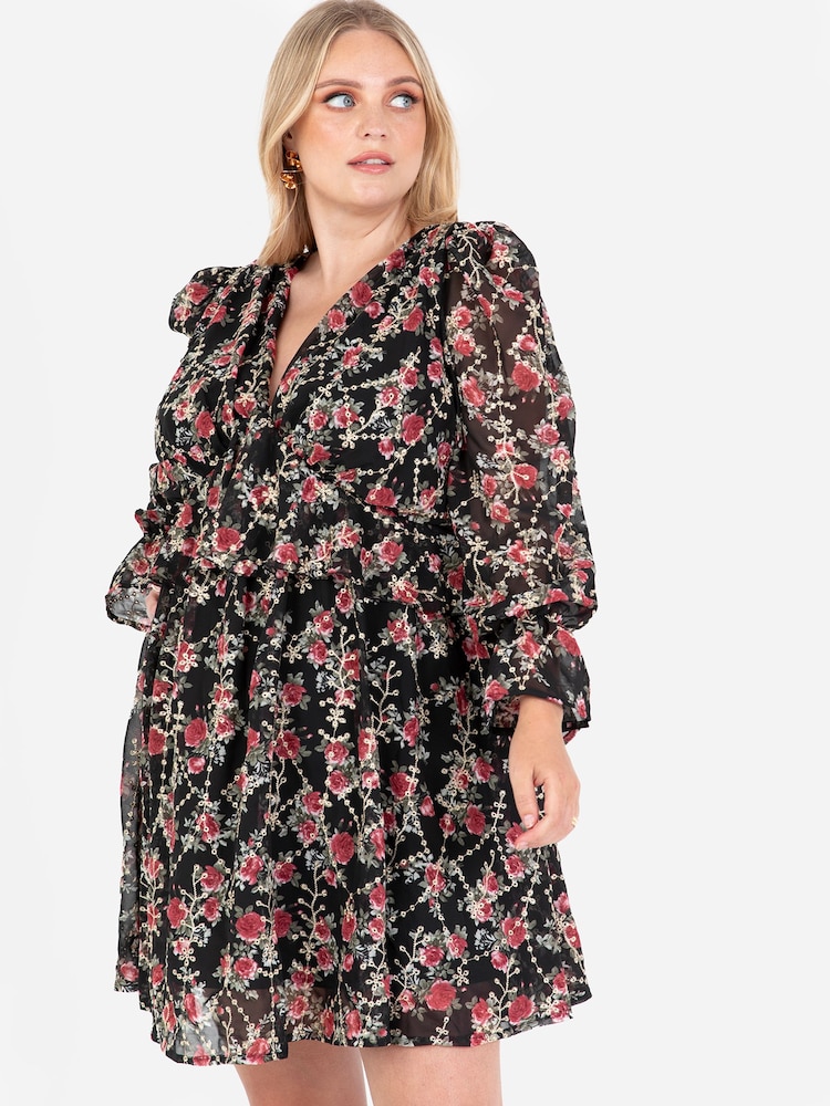 Lovedrobe Frill Front Embroidered Black Mini Dress - Image 1 of 7