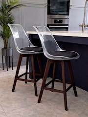 Fusion Living Set of 2 Black Soho Clear Plastic Bar Stools with Dark Wood Legs - Image 1 of 5