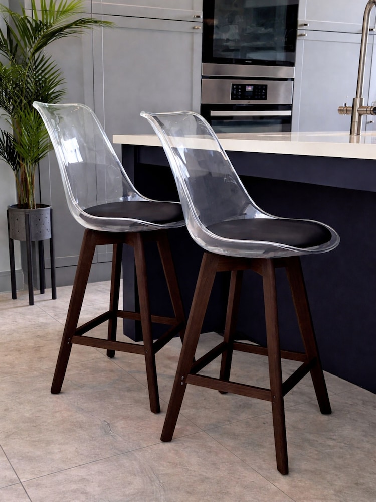 Fusion Living Set of 2 Black Soho Clear Plastic Bar Stools with Dark Wood Legs - Image 1 of 5