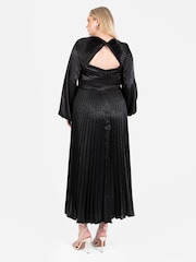 Lovedrobe Jacquard Satin Pleated Black Midaxi Dress - Image 3 of 5