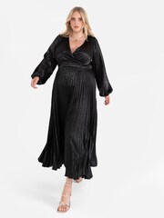 Lovedrobe Jacquard Satin Pleated Black Midaxi Dress - Image 4 of 5