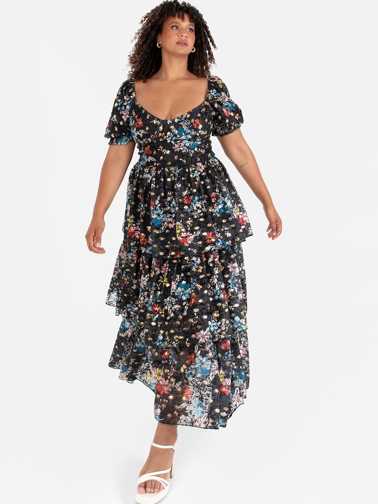Lovedrobe Blue Foil Printed Lace Tiered Hem Midaxi Dress - Image 1 of 7