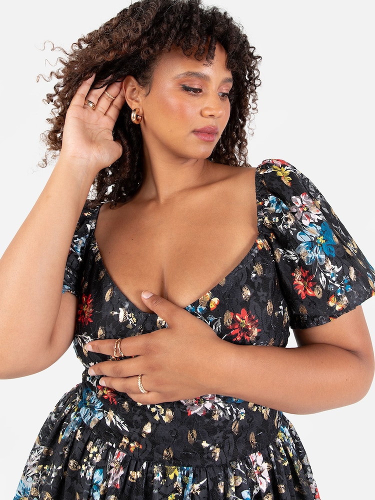 Lovedrobe Blue Foil Printed Lace Tiered Hem Midaxi Dress - Image 7 of 7
