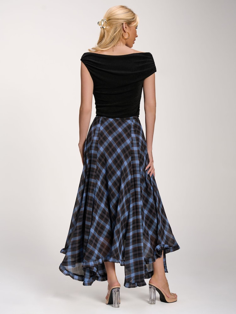 Jolie Moi Blue Checked Chiffon Hanky Hem Maxi Skirt - Image 2 of 6