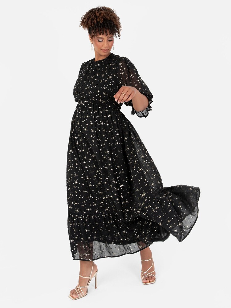 Lovedrobe Printed Puff Sleeve Black Midaxi Dress - Image 1 of 6
