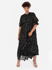 Lovedrobe Printed Puff Sleeve Black Midaxi Dress - Image 4 of 6