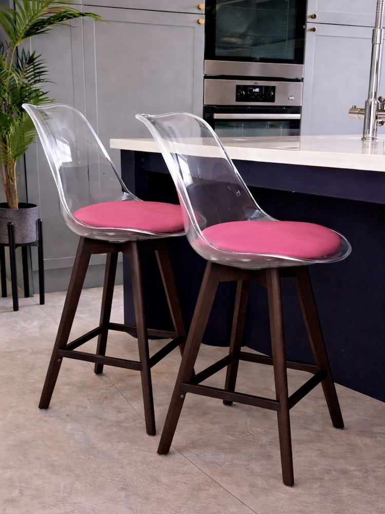 Fusion Living Set of 2 Bright Pink Soho Clear Plastic Bar Stools with Dark Wood Legs - Image 1 of 5