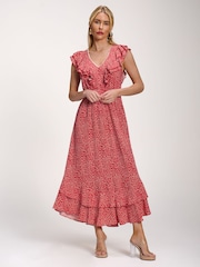 Rojo - Jolie Moi Ruffle V-Neck Viscose Midi Dress - Imagen 6 de 6