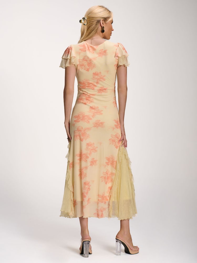 橙色 - Jolie Moi Lace Insert Mesh Midi Dress - 圖片 2/6