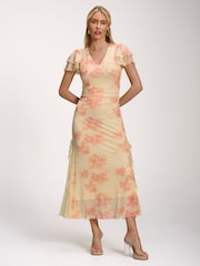 橙色 - Jolie Moi Lace Insert Mesh Midi Dress - 圖片 4/6