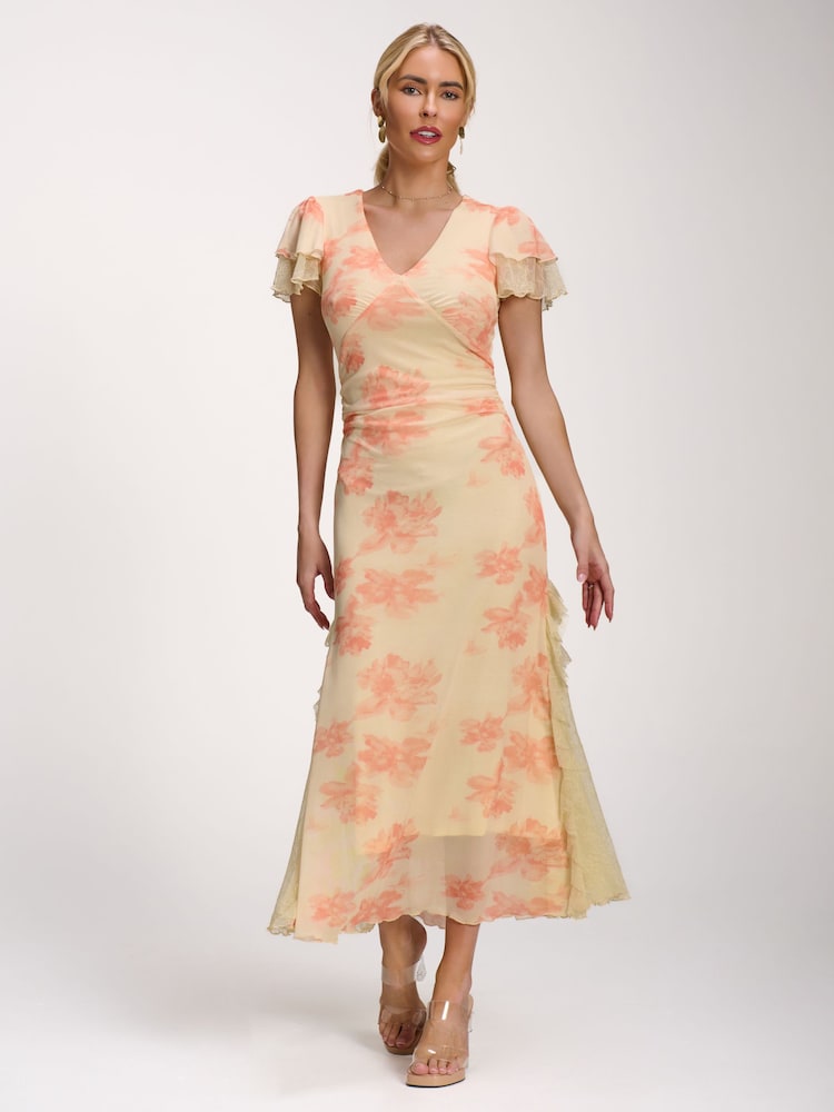 橙色 - Jolie Moi Lace Insert Mesh Midi Dress - 圖片 6/6