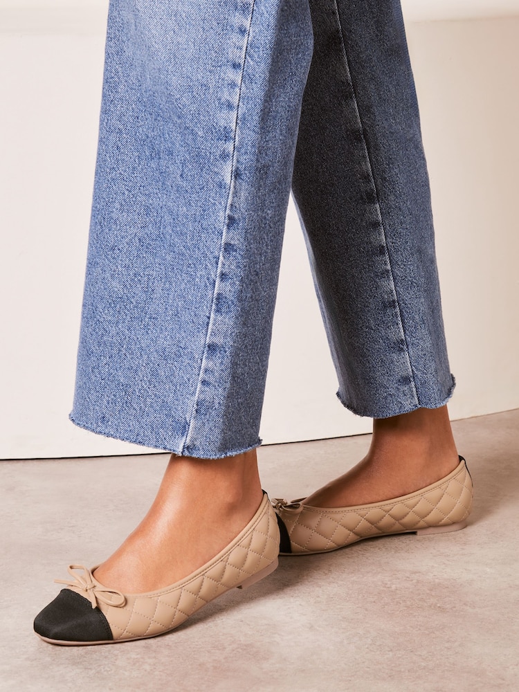Lipsy Camel Regular Fit Flat Toe Cap Quilted Bow Faux Leather Ballet Pumps - Image 1 of 5
