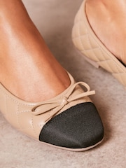 Lipsy Camel Regular Fit Flat Toe Cap Quilted Bow Faux Leather Ballet Pumps - Image 2 of 5