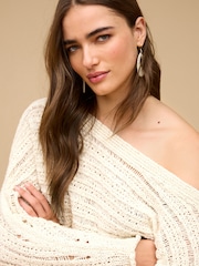 White Knitted Long Sleeve Off The Shoulder Top - Image 1 of 6