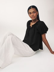 Black Short Sleeve Tie Neck Bardot Blouse - Image 1 of 7
