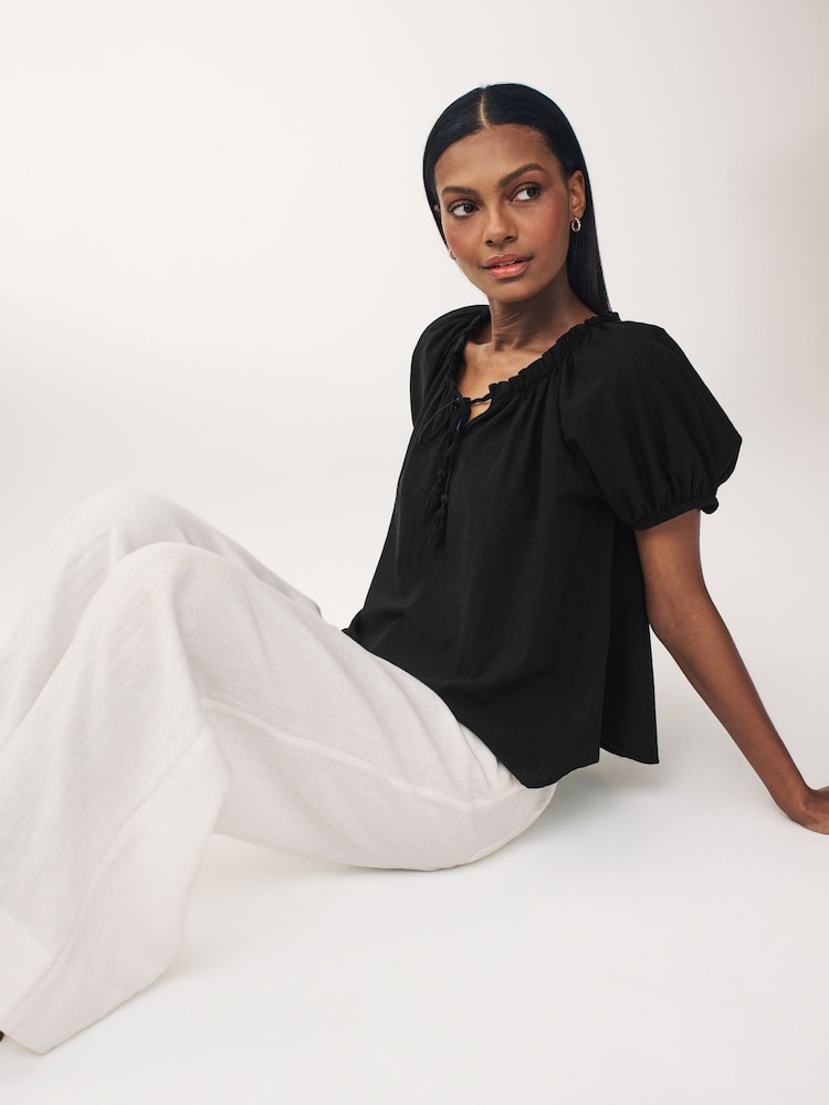 Black Short Sleeve Tie Neck Bardot Blouse - Image 1 of 7