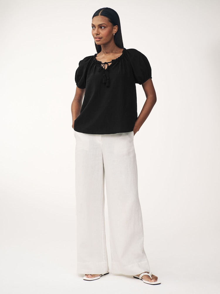 Black Short Sleeve Tie Neck Bardot Blouse - Image 2 of 7