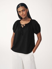 Black Short Sleeve Tie Neck Bardot Blouse - Image 3 of 7