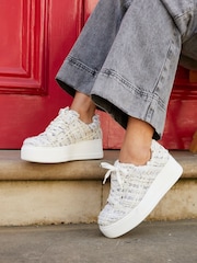 Linzi White Quest Tweed Lace Flatform Trainers - Image 1 of 6