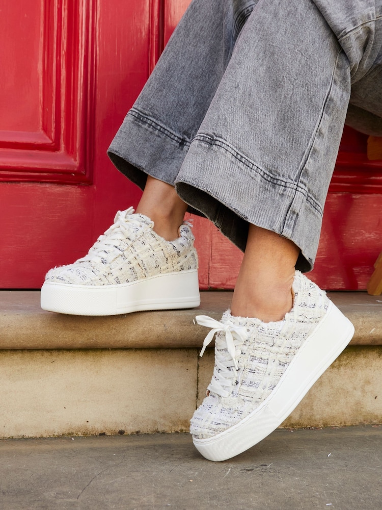 Linzi White Quest Tweed Lace Flatform Trainers - Image 1 of 6