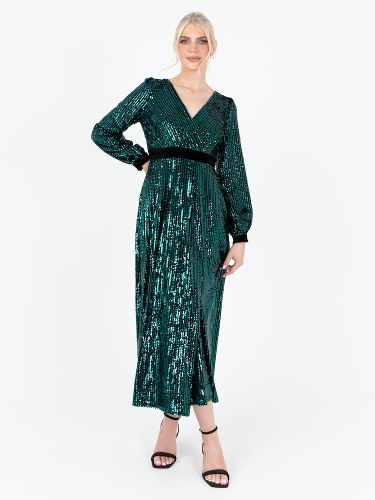 Lovedrobe Green Sequin Velvet Midaxi Dress - Image 1 of 6