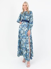 Lovedrobe Blue Floral Print Satin Maxi Dress with Lace Trim - Image 1 of 5