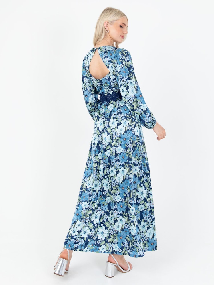 Lovedrobe Blue Floral Print Satin Maxi Dress with Lace Trim - Image 2 of 5
