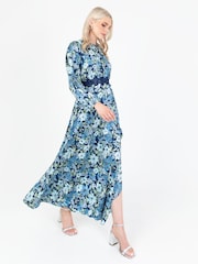 Lovedrobe Blue Floral Print Satin Maxi Dress with Lace Trim - Image 3 of 5