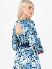 Lovedrobe Blue Floral Print Satin Maxi Dress with Lace Trim - Image 4 of 5