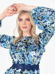 Lovedrobe Blue Floral Print Satin Maxi Dress with Lace Trim - Image 5 of 5