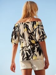 Ecru/Zitrone - Kurzärmelige Carmen-Bluse mit Bindeband - Bild 3 von 6
