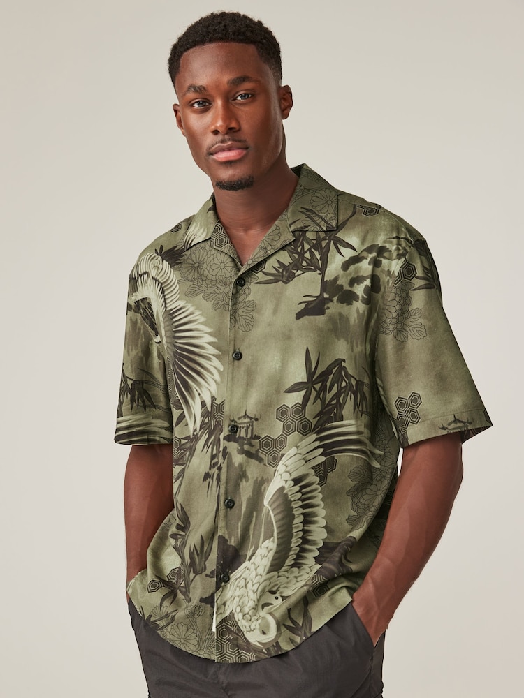 Khaki Green Printed Short Sleeve Shirt With Cuban Collar - Image 1 of 8 Khaki Green Printed Short Sleeve Shirt With Cuban Collar - Image 1 of 8