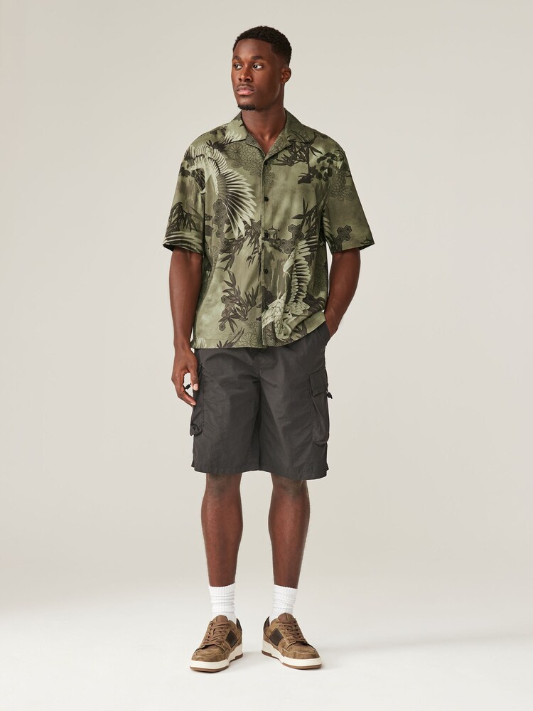 Khaki Green Printed Short Sleeve Shirt With Cuban Collar - Image 2 of 8